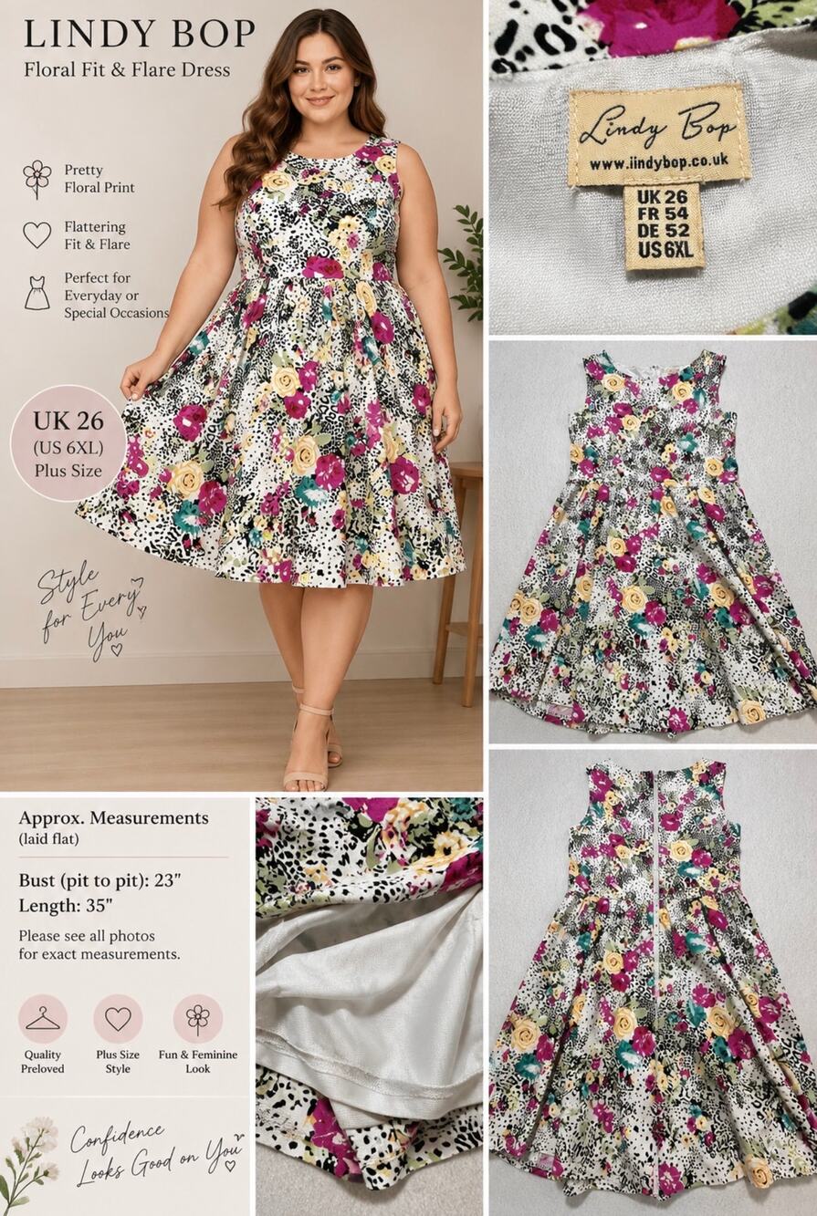 Lindy Bop US 6XL Floral Fit & Flare Dress Sleeveless Retro Rockabilly Plus Size